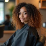 Femme aux cheveux bouclés avec un dégradé espagnol caramel réalisé en salon de coiffure professionnel