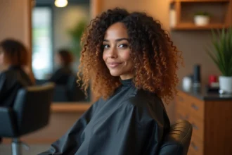 Femme aux cheveux bouclés avec un dégradé espagnol caramel réalisé en salon de coiffure professionnel