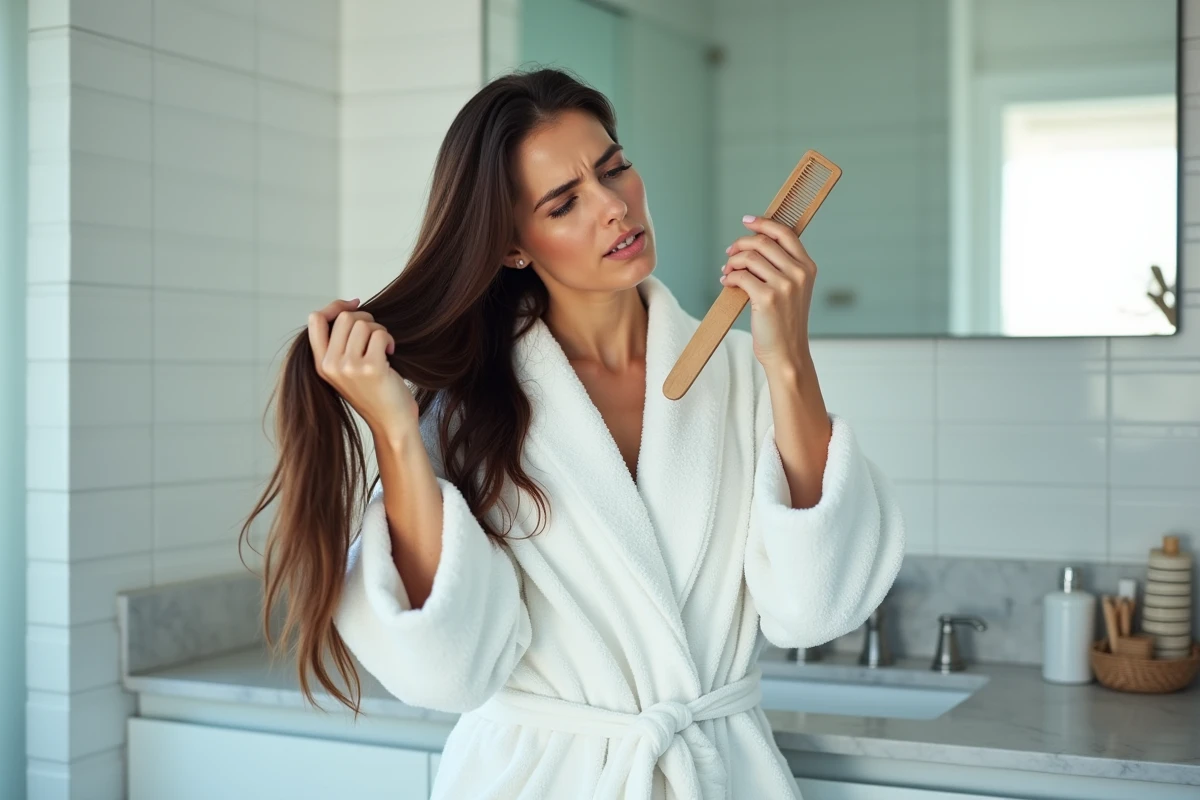 Femme en peignoir démêlant avec difficulté ses extensions de cheveux bruns abîmés dans une salle de bain