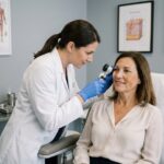 Dermatologue examinant des taches pigmentaires sur le visage d'une patiente dans une clinique moderne à Lyon