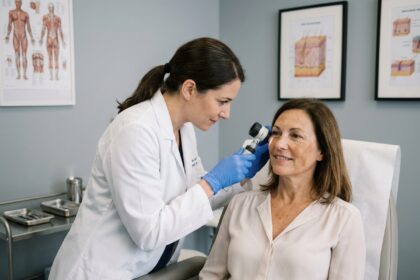 Dermatologue examinant des taches pigmentaires sur le visage d'une patiente dans une clinique moderne à Lyon