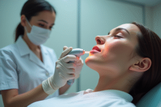 Dermatologue utilisant un laser sur le visage en clinique