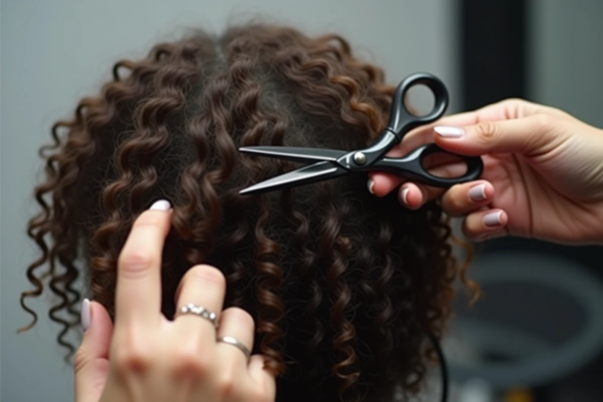 Gros plan sur la technique tapper scissors appliquée sur des boucles naturelles denses et définies