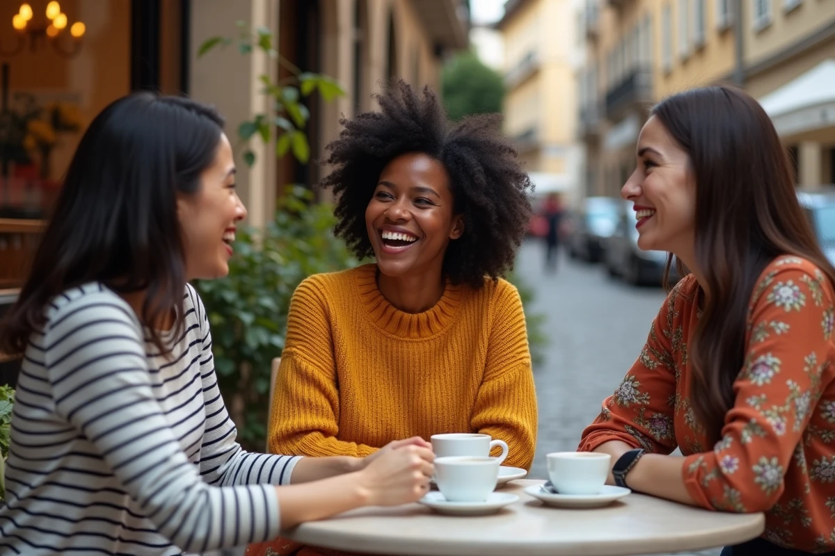 Groupe de femmes de différentes origines dans un café européen, représentant la diversité des standards de beauté dans le monde