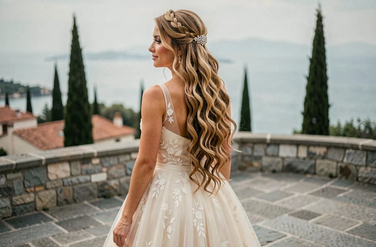 Dos d'une mariée aux longs cheveux bouclés retenus par une barrette cristal sur une terrasse méditerranéenne