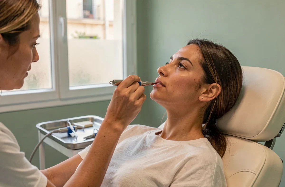 Femme recevant un traitement d'électrolyse du visage pour une épilation définitive dans un institut de Montpellier