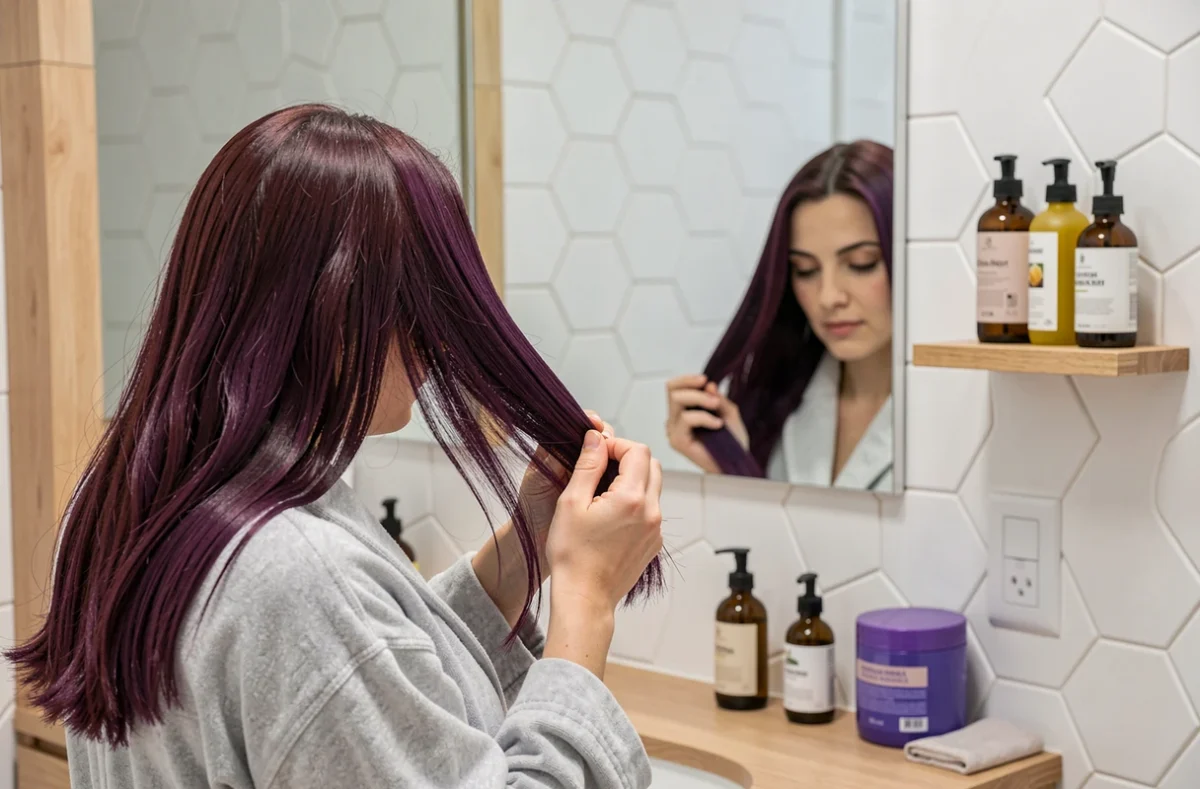 Femme examinant ses longueurs aux reflets violines foncés devant un miroir de salle de bain, cheveux sains et brillants