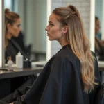 Femme en salon de coiffure remarquant une erreur de pose d'extensions sur ses cheveux blonds devant un miroir