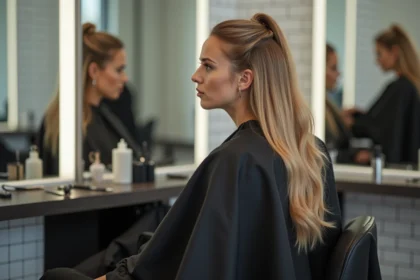 Femme en salon de coiffure remarquant une erreur de pose d'extensions sur ses cheveux blonds devant un miroir