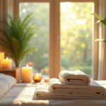 Salle de spa sereine avec serviettes et bougies relaxantes