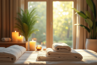 Salle de spa sereine avec serviettes et bougies relaxantes