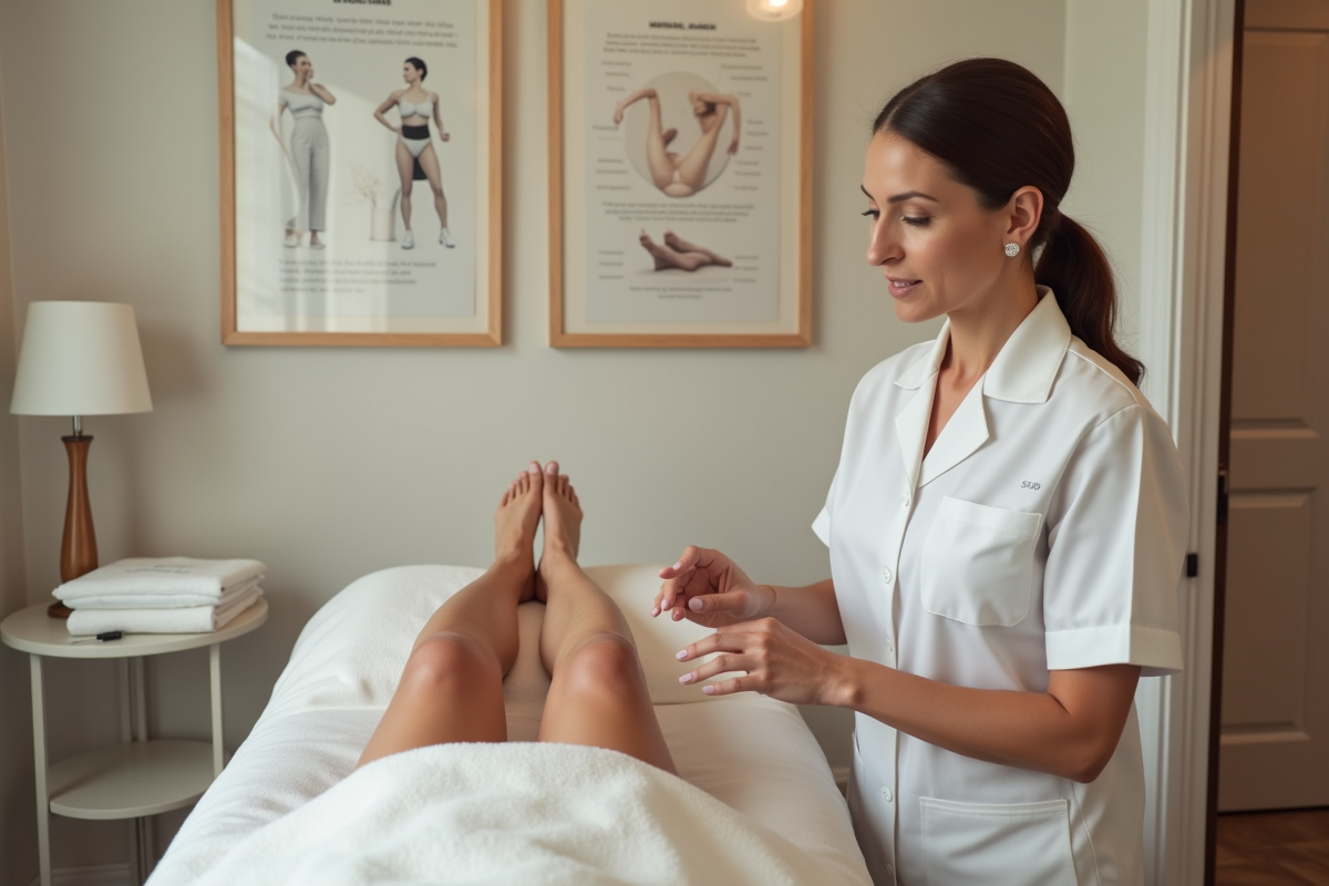 Esthéticienne en uniforme discutant avec une cliente dans un cabinet
