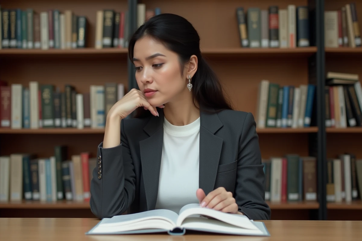 Femme intellectuelle dans une bibliothèque universitaire, évoquant les recherches scientifiques sur les critères de beauté féminine