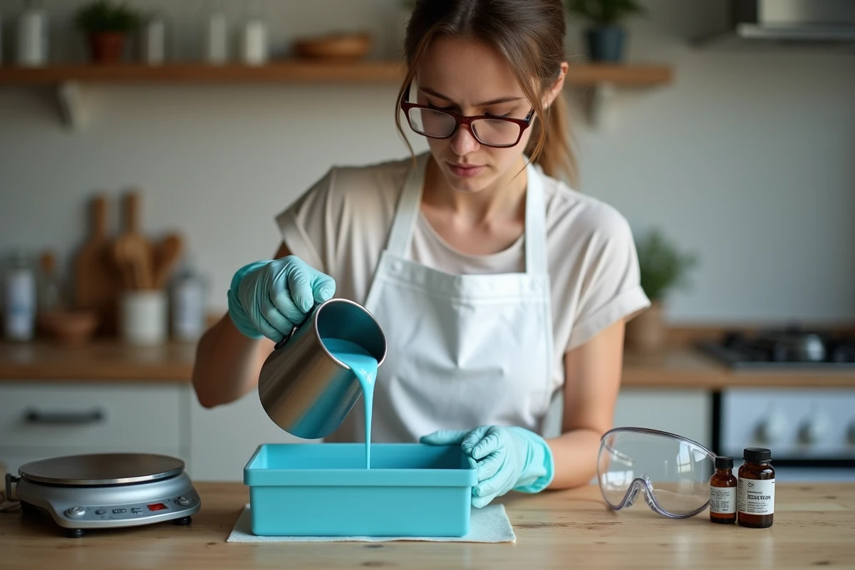 Femme préparant du savon Nila bleu maison en versant le mélange dans un moule avec des équipements de sécurité