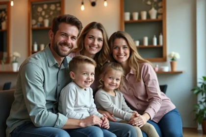 Famille souriante dans un salon de coiffure moderne