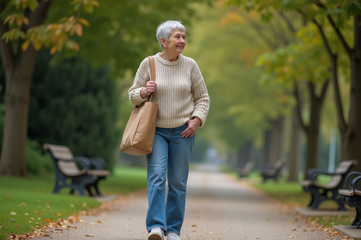 Femme de 70 ans marchant dans un parc avec jeans et pull