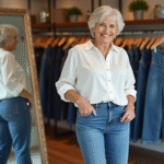 Femme de 70 ans essayant un jean bleu en boutique chic