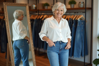Femme de 70 ans essayant un jean bleu en boutique chic