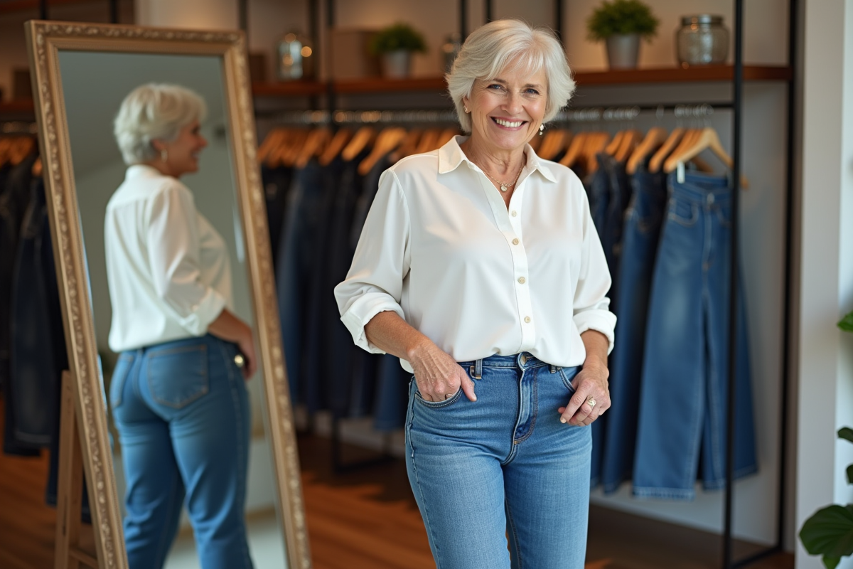 Femme de 70 ans essayant un jean bleu en boutique chic
