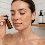 Femme appliquant une huile hydratante bio pour le visage avec un flacon compte-gouttes en verre ambré