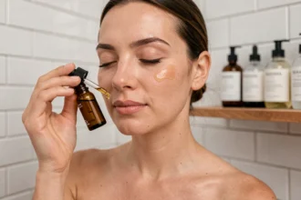 Femme appliquant une huile hydratante bio pour le visage avec un flacon compte-gouttes en verre ambré