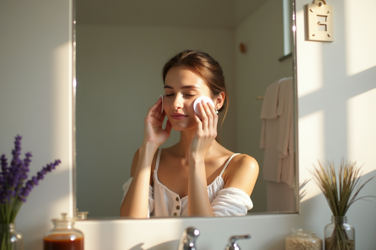 Jeune femme appliquant un toner naturel avec un coton dans une salle de bain lumineuse
