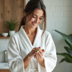 Femme appliquant un gommage naturel sur son bras dans une salle de bain chaleureuse