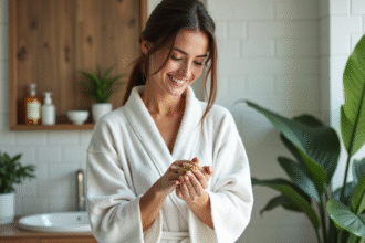Femme appliquant un gommage naturel sur son bras dans une salle de bain chaleureuse