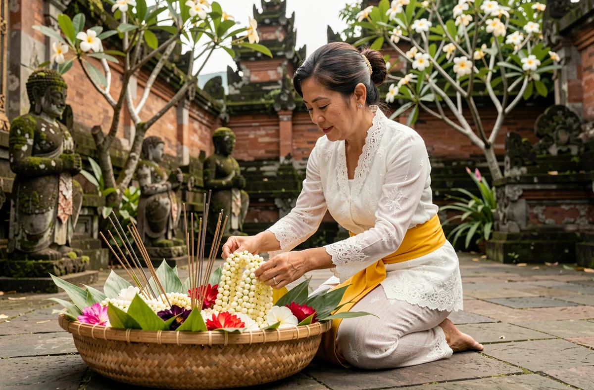 Femme balinaise en kebaya blanche confectionnant une offrande de jasmin dans la cour d'un temple à Ubud, Bali, entourée de statues couvertes de mousse