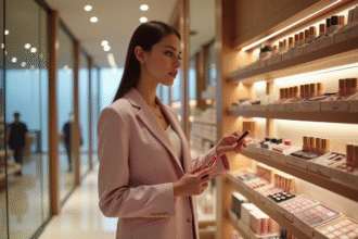 Femme en tailleur pastel dans un salon de beauté élégant