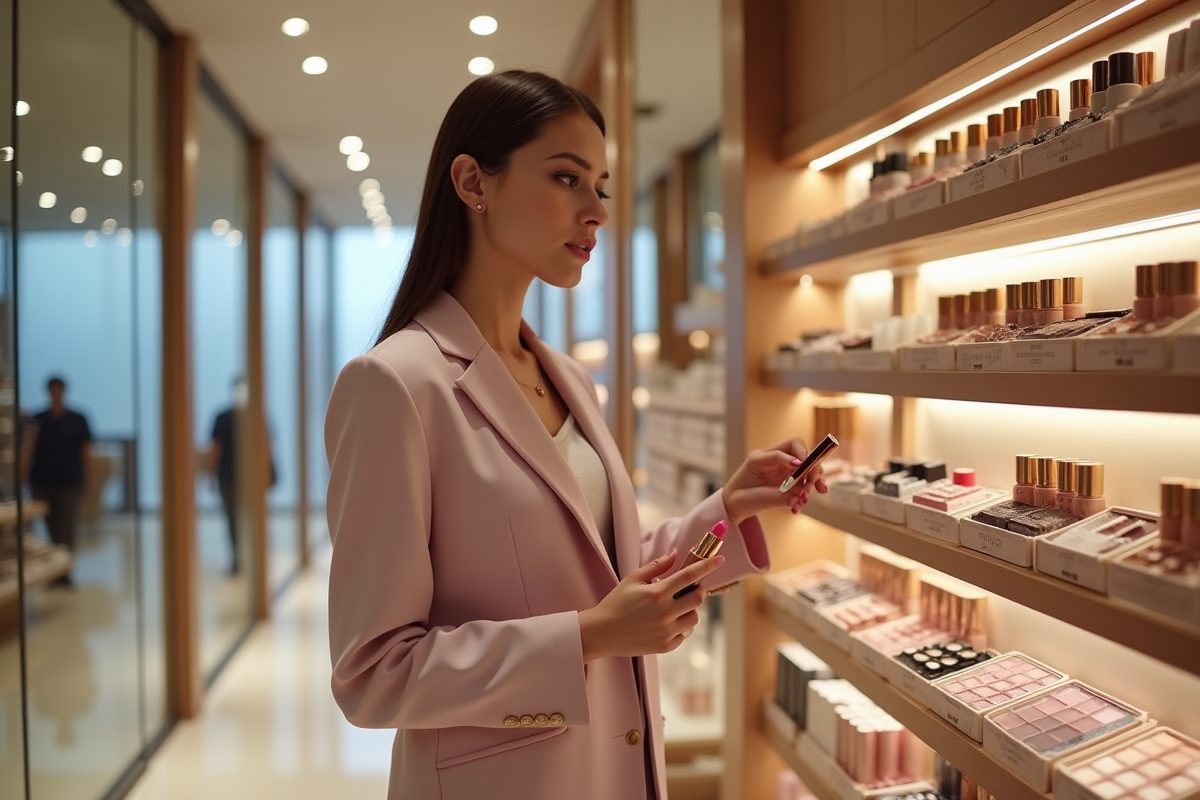 Femme en tailleur pastel dans un salon de beauté élégant