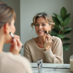Femme d'une cinquantaine appliquant du fond de teint devant un miroir