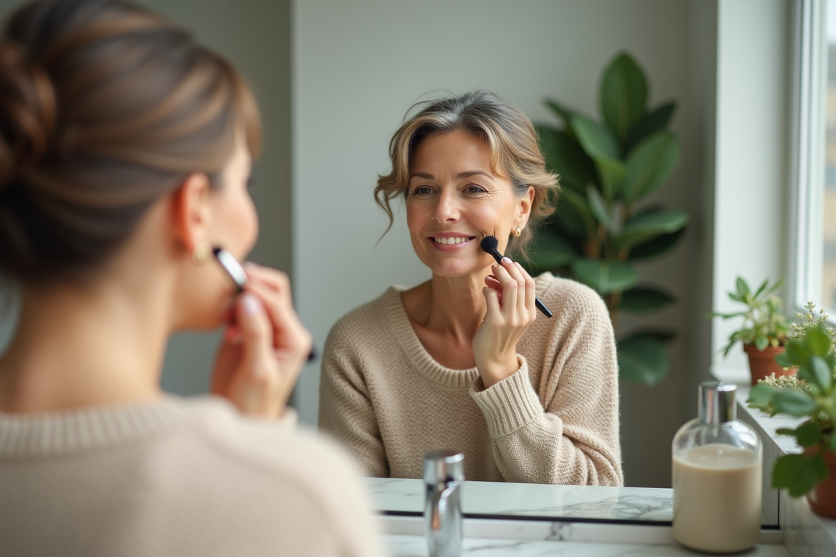 Femme d'une cinquantaine appliquant du fond de teint devant un miroir