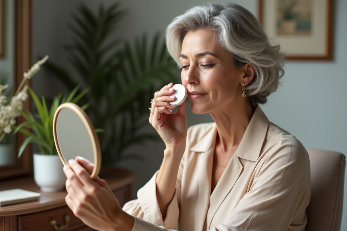 Femme élégante se poudrant dans un miroir naturel