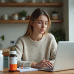 Jeune femme utilisant un ordinateur dans une cuisine cosy
