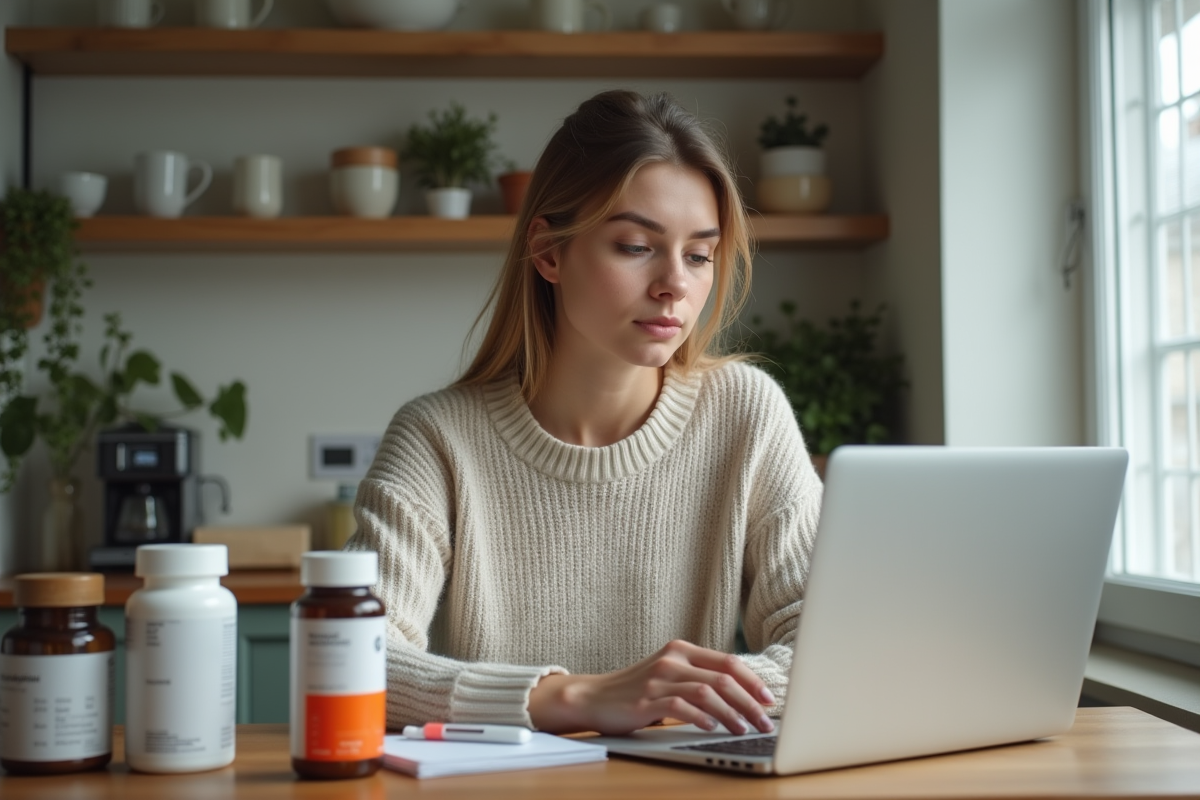 Jeune femme utilisant un ordinateur dans une cuisine cosy