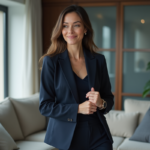 Femme élégante en blazer navy dans un appartement urbain