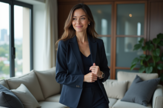 Femme élégante en blazer navy dans un appartement urbain