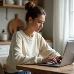 Femme regardant un site de revue de parfums sur son ordinateur