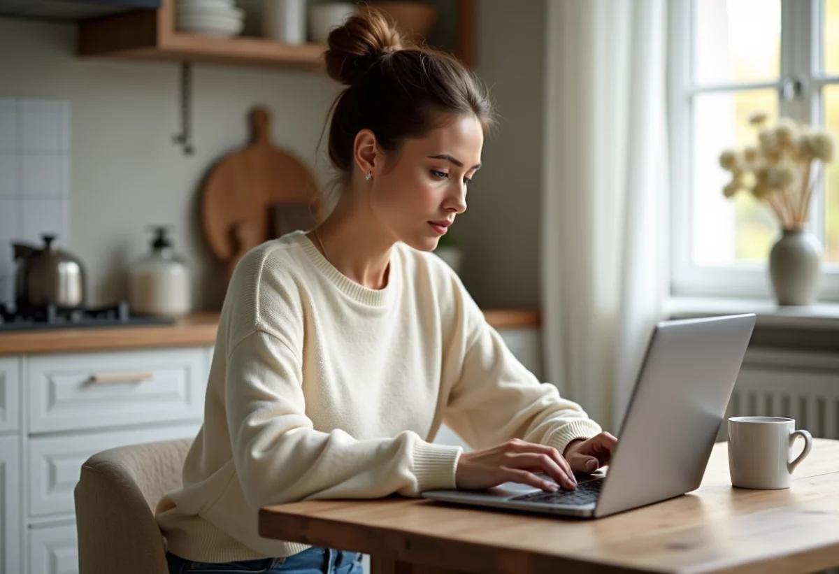 Femme regardant un site de revue de parfums sur son ordinateur