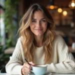 Femme élégante avec cheveux colorés dans un café urbain