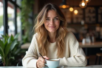 Femme élégante avec cheveux colorés dans un café urbain