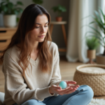 Femme sereine tenant une pierre bleue dans la main