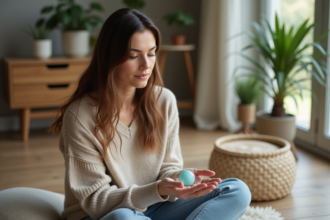 Femme sereine tenant une pierre bleue dans la main