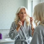 Femme aux cheveux blancs examinant une décoloration orangée dans son miroir de salle de bain avec un shampoing violet en arrière-plan