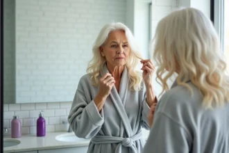 Femme aux cheveux blancs examinant une décoloration orangée dans son miroir de salle de bain avec un shampoing violet en arrière-plan
