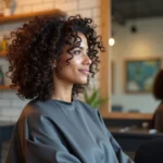 Femme aux cheveux bouclés mi-longs avec une coupe dégradée harmonieuse dans un salon de coiffure moderne