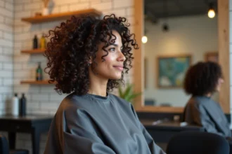 Femme aux cheveux bouclés mi-longs avec une coupe dégradée harmonieuse dans un salon de coiffure moderne