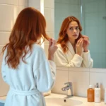Femme aux cheveux colorés auburn examinant ses cheveux dans une salle de bain, illustrant les effets possibles des antiseptiques sur cheveux teints