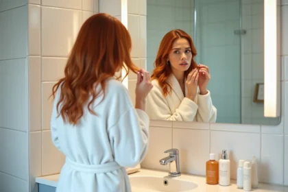 Femme aux cheveux colorés auburn examinant ses cheveux dans une salle de bain, illustrant les effets possibles des antiseptiques sur cheveux teints